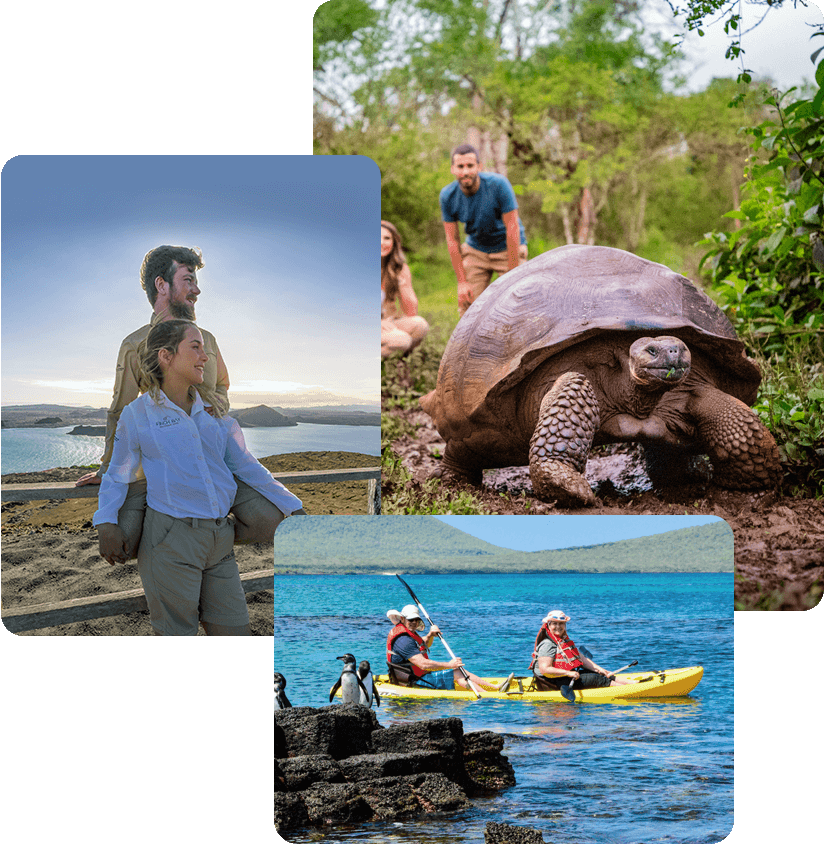 Collage de gente divirtiéndose en las Islas Galápagos