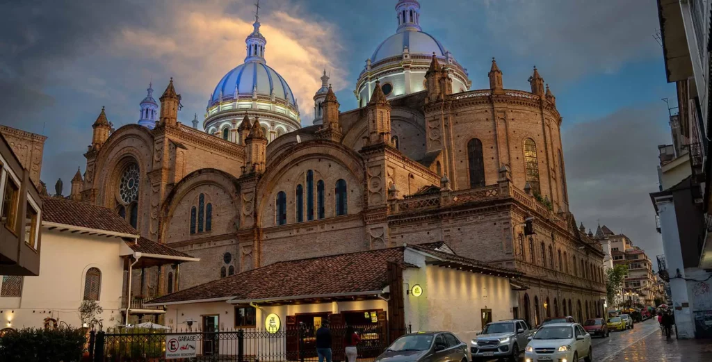 Three-domed New Cathedral at sunset in Cuenca, Ecuador