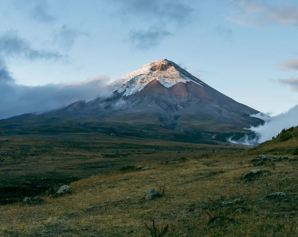 Cotopaxi volcano and paramo landscape in Cotopaxi National Park