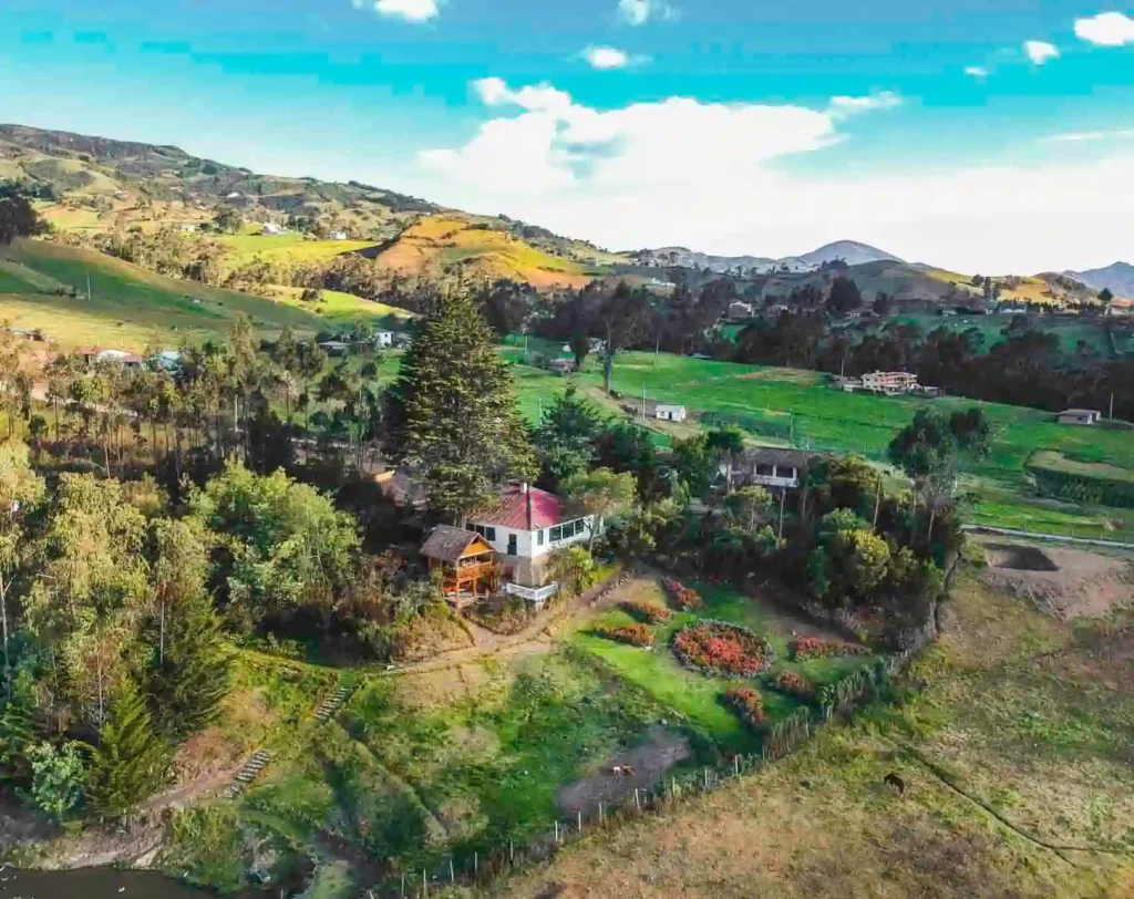 Aerial view of the rustic Posada de Ingapirca lodge in the countryside