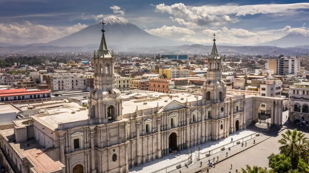Arequipa Cathedral And Misti Volcano, A Major Reason To Plan The Best Time To Visit Arequipa.