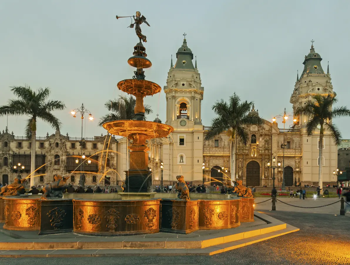 Plaza Mayor de Lima Peru with colonial fountain and the Cathedral, historic city center