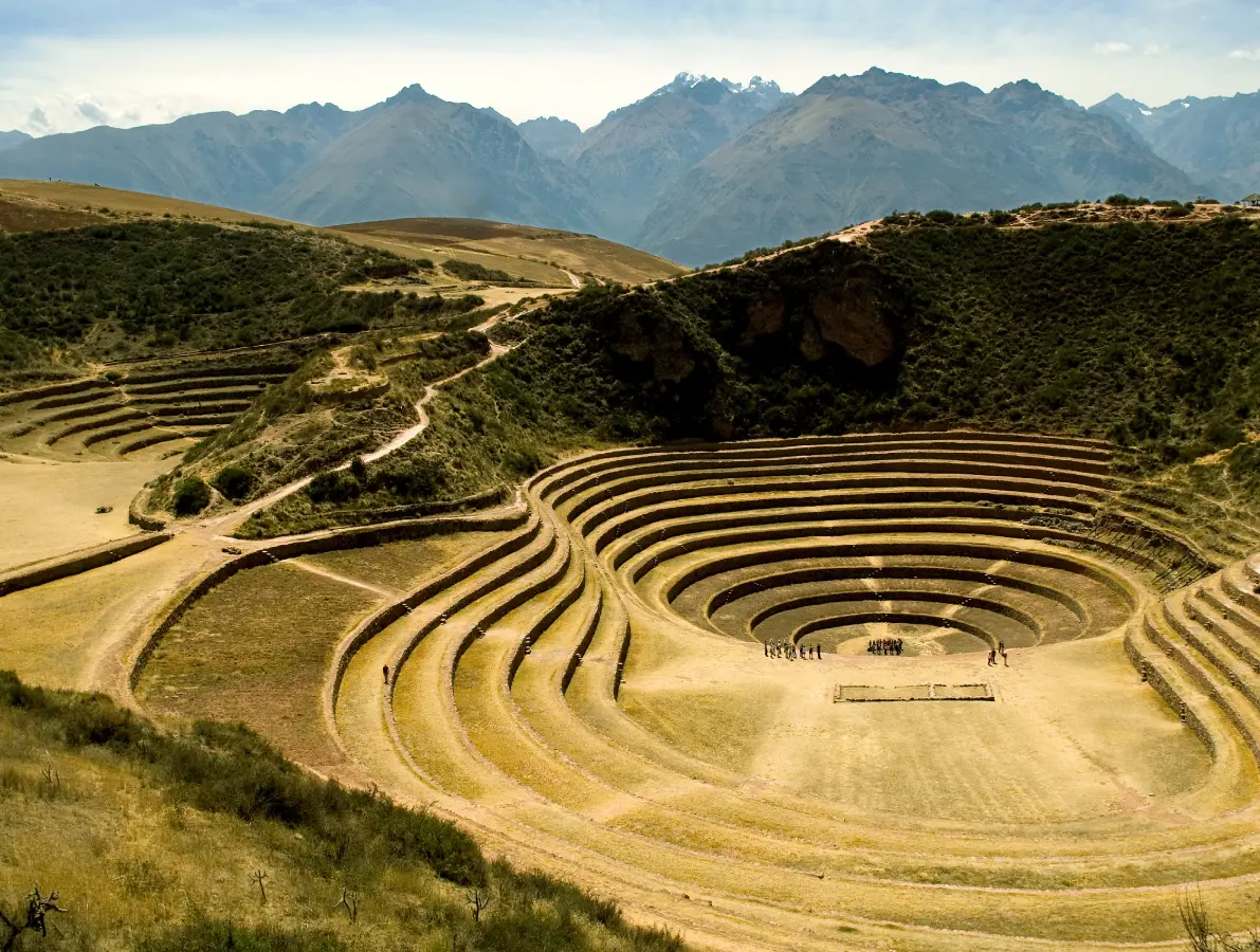 Moray terraces in the Sacred Valley Peru, ancient Inca agricultural site with circular design