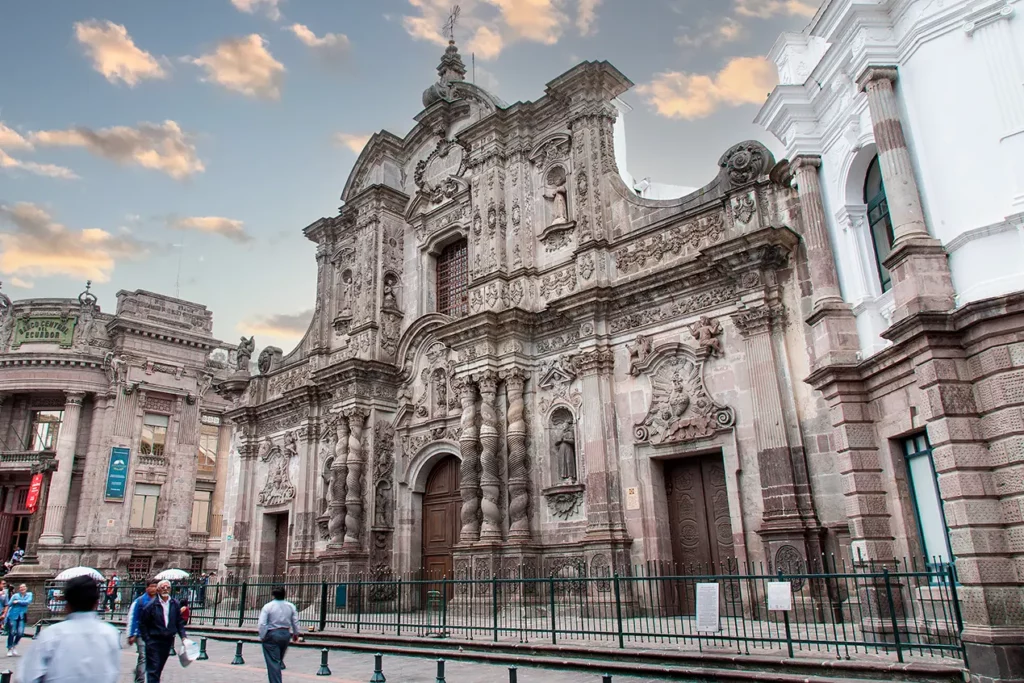 La Compañía de Jesús baroque church facade in Quito's UNESCO historic center, Ecuador