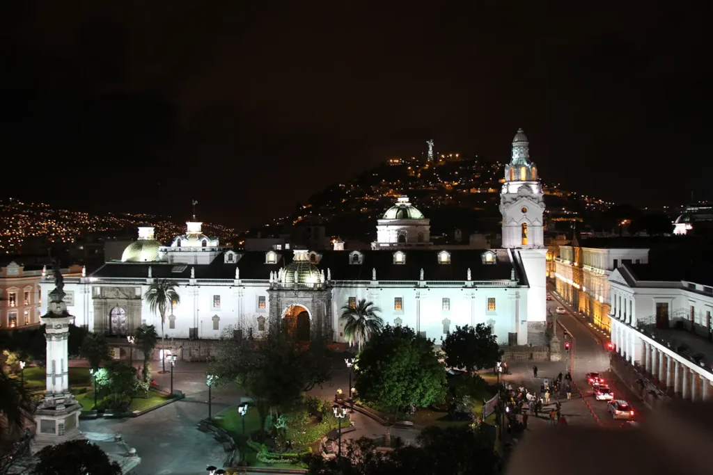 Plaza Grande and Quito's historic center illuminated at night
