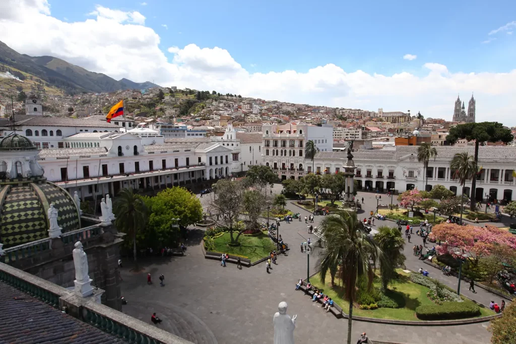 Plaza and church facade in Quito's historic center