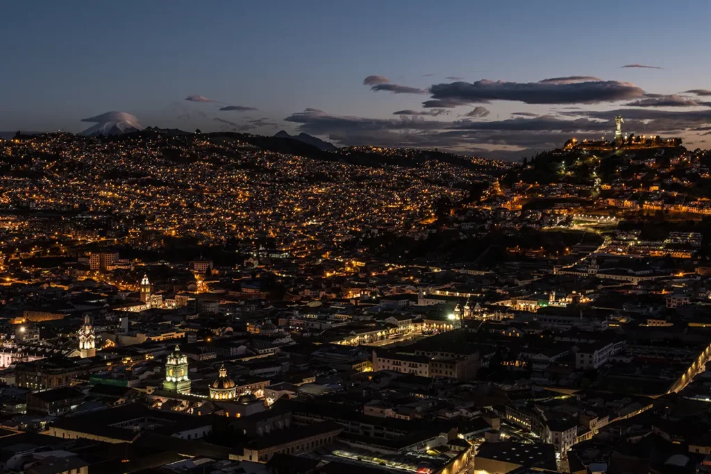 Panoramic night view of Quito's Historic Center skyline