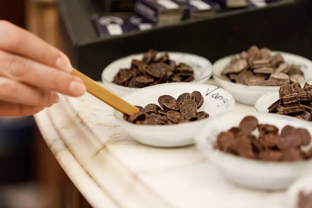 Bowls of chocolate varieties for tasting at Paccari in Cuenca