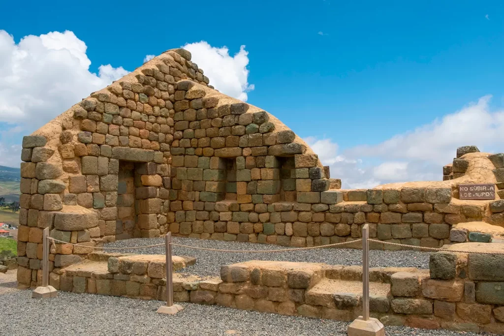 Close-up of the gabled stone temple structure at Ingapirca