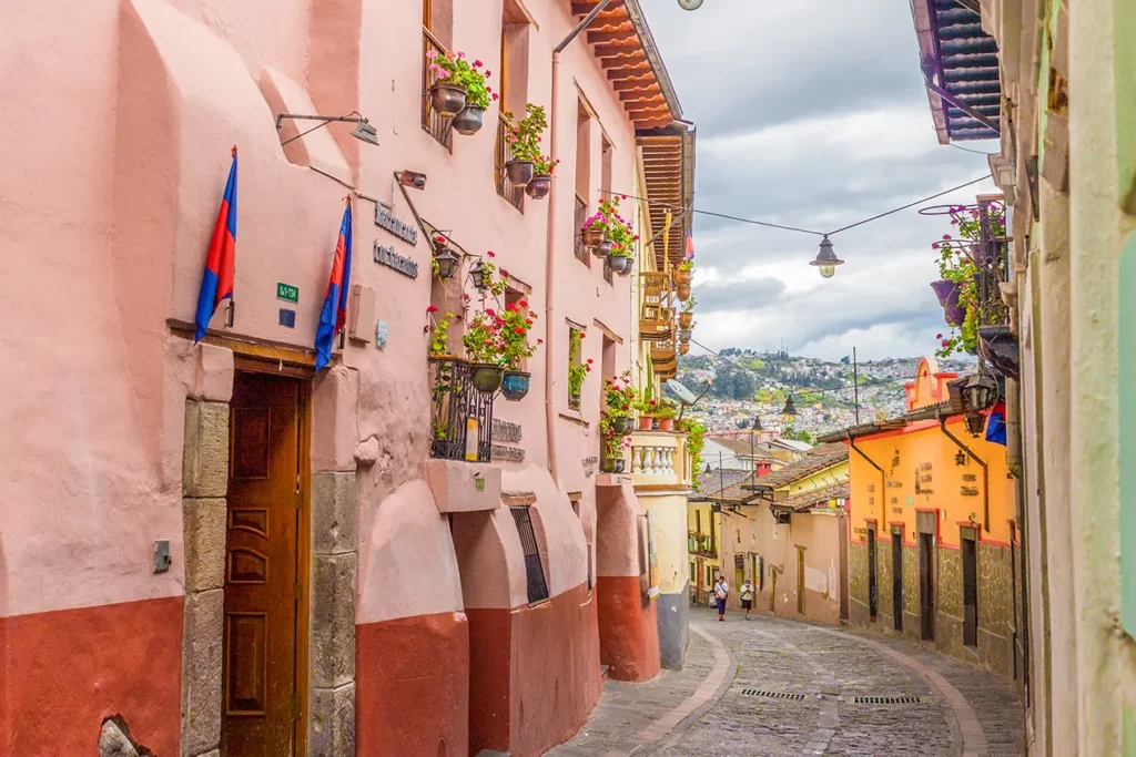 Cobblestone street and colonial balconies on La Ronda, Quito