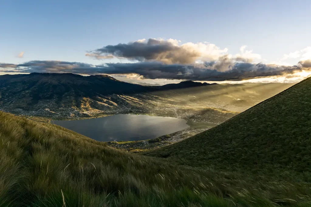 Aerial view of San Pablo Lake in the Andean highlands, Imbabura, Ecuador