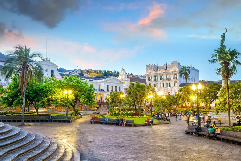 Plaza Grande with the Independence Monument at twilight in Quito