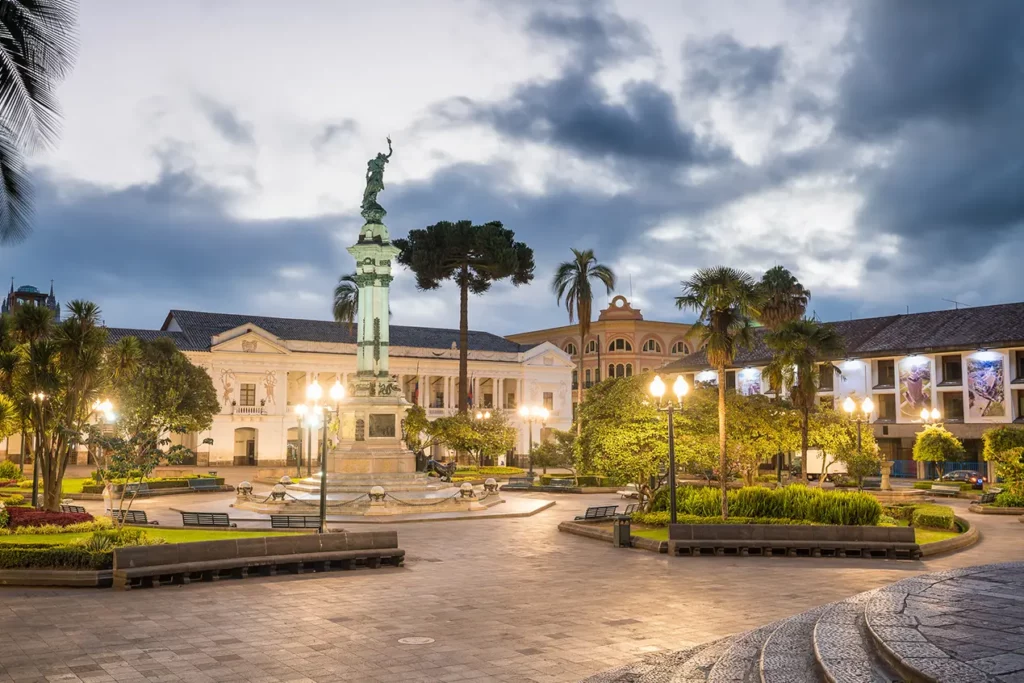 Colonial buildings and cobblestone streets in Quito's historic center
