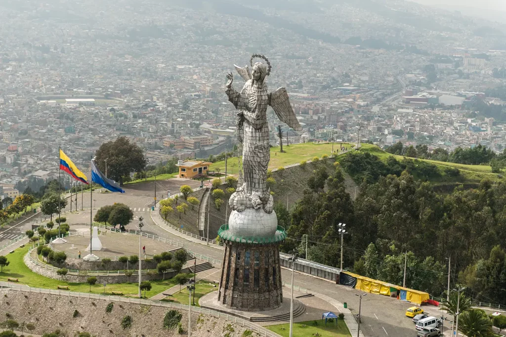 Aerial view of the Virgin of Quito statue overlooking the city