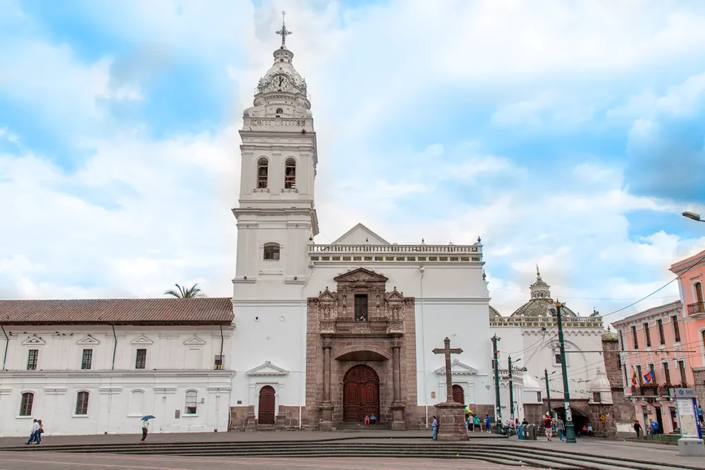 Facade of Santo Domingo Church in Quito's historic center