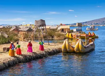 Uros floating islands on Titicaca lake in Puno Peru