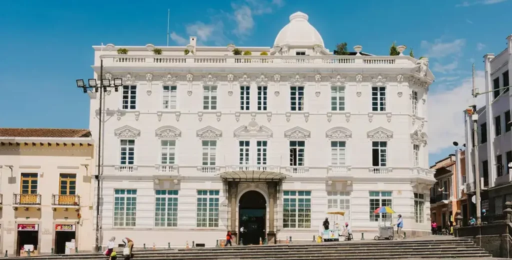 Exterior of Casa Gangotena boutique hotel on Plaza San Francisco in Quito